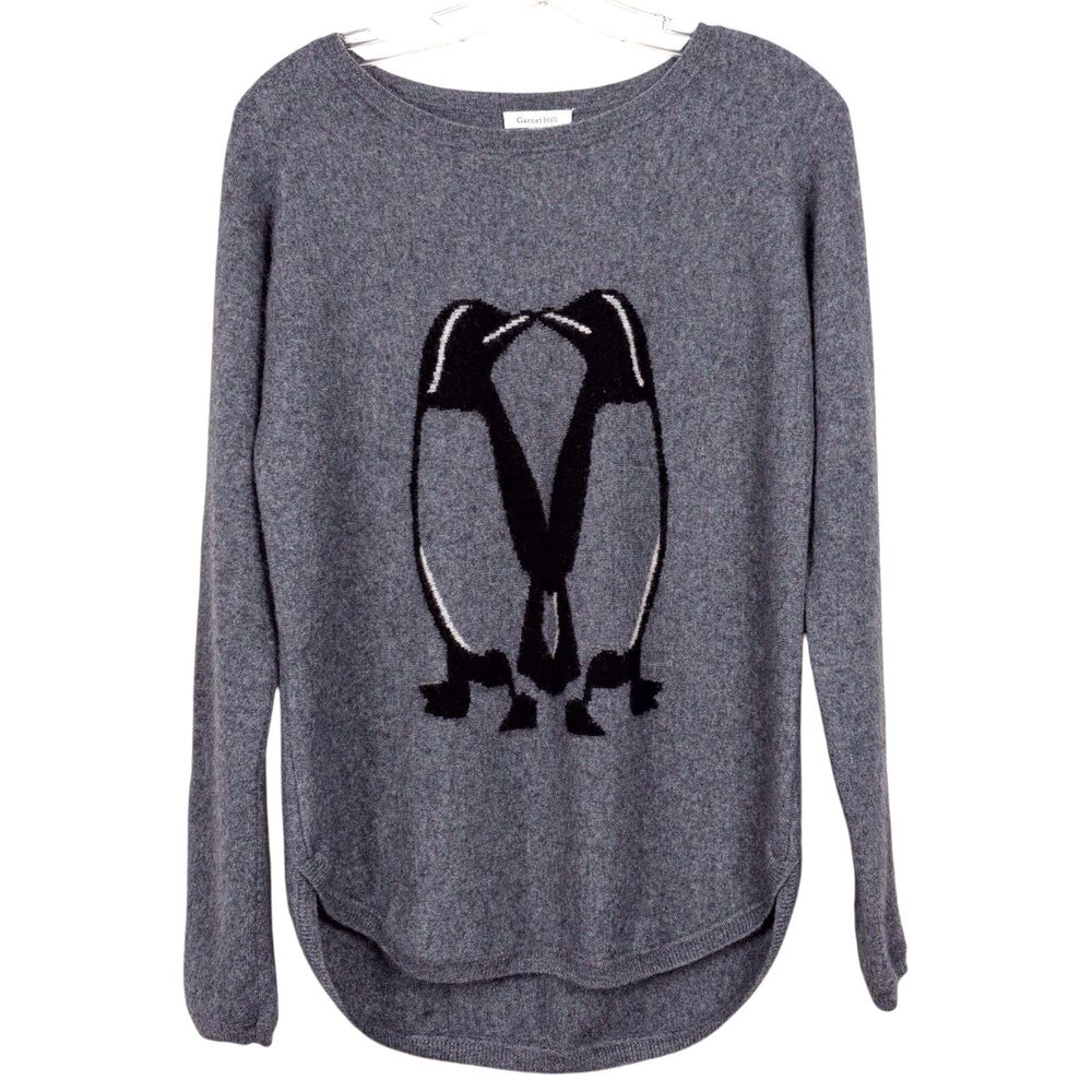 Garnet Hill 100% Cashmere Penguin Intarsia Sweater Gray Size L High-Low